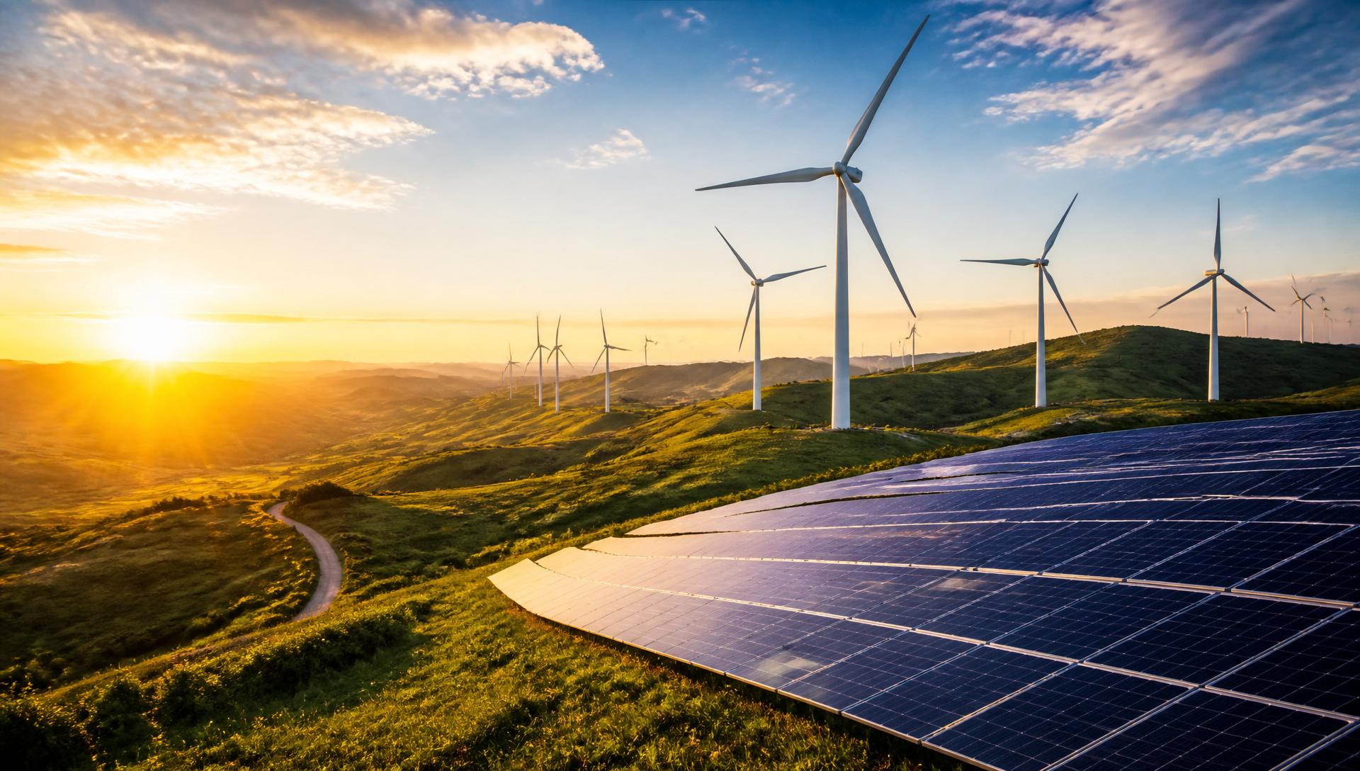 Wind turbines and solar panels on green hills at sunrise